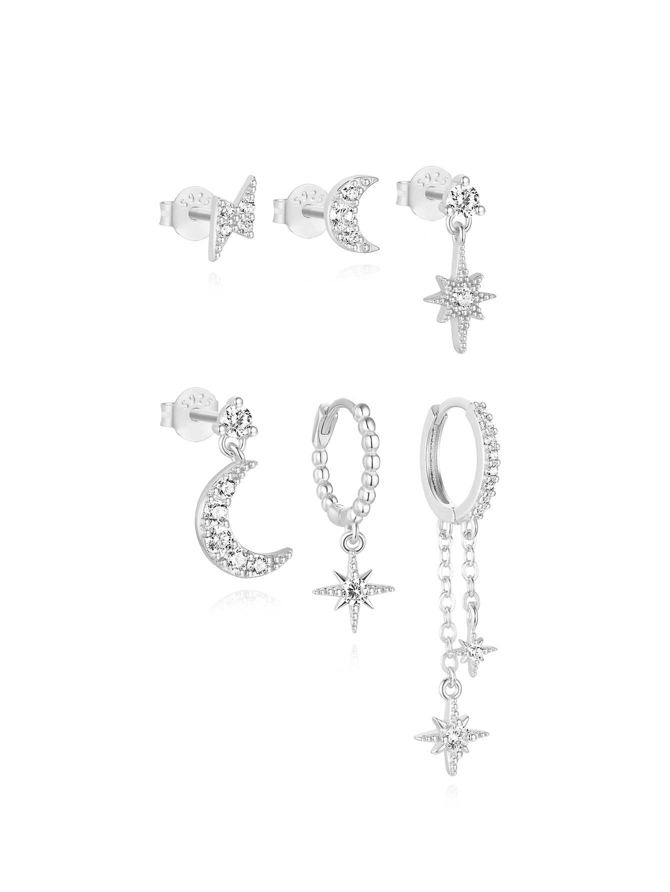 S925 Star and Moon Zircon Earring Set-Olarajewelry