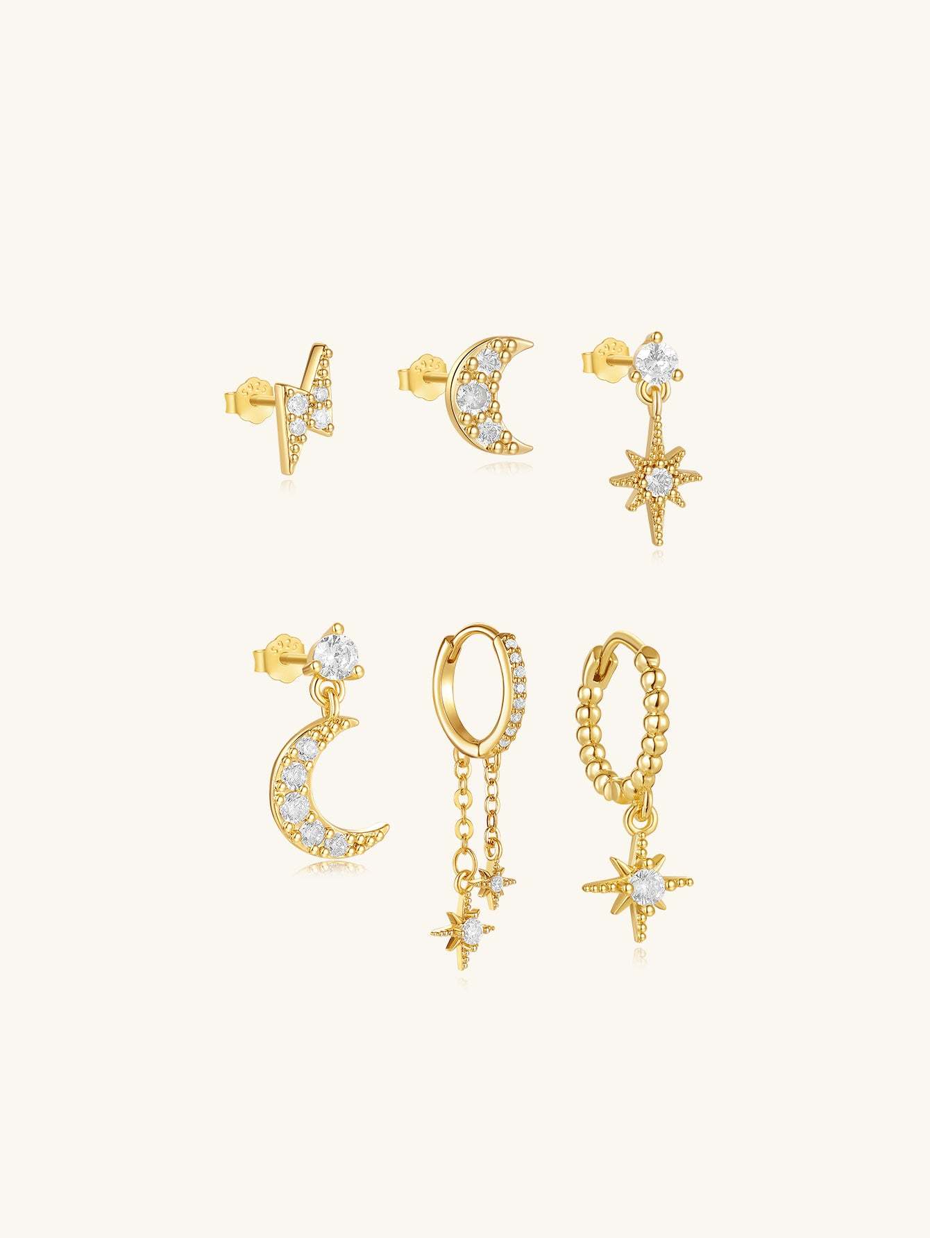 S925 Star and Moon Zircon Earring Set-Olarajewelry