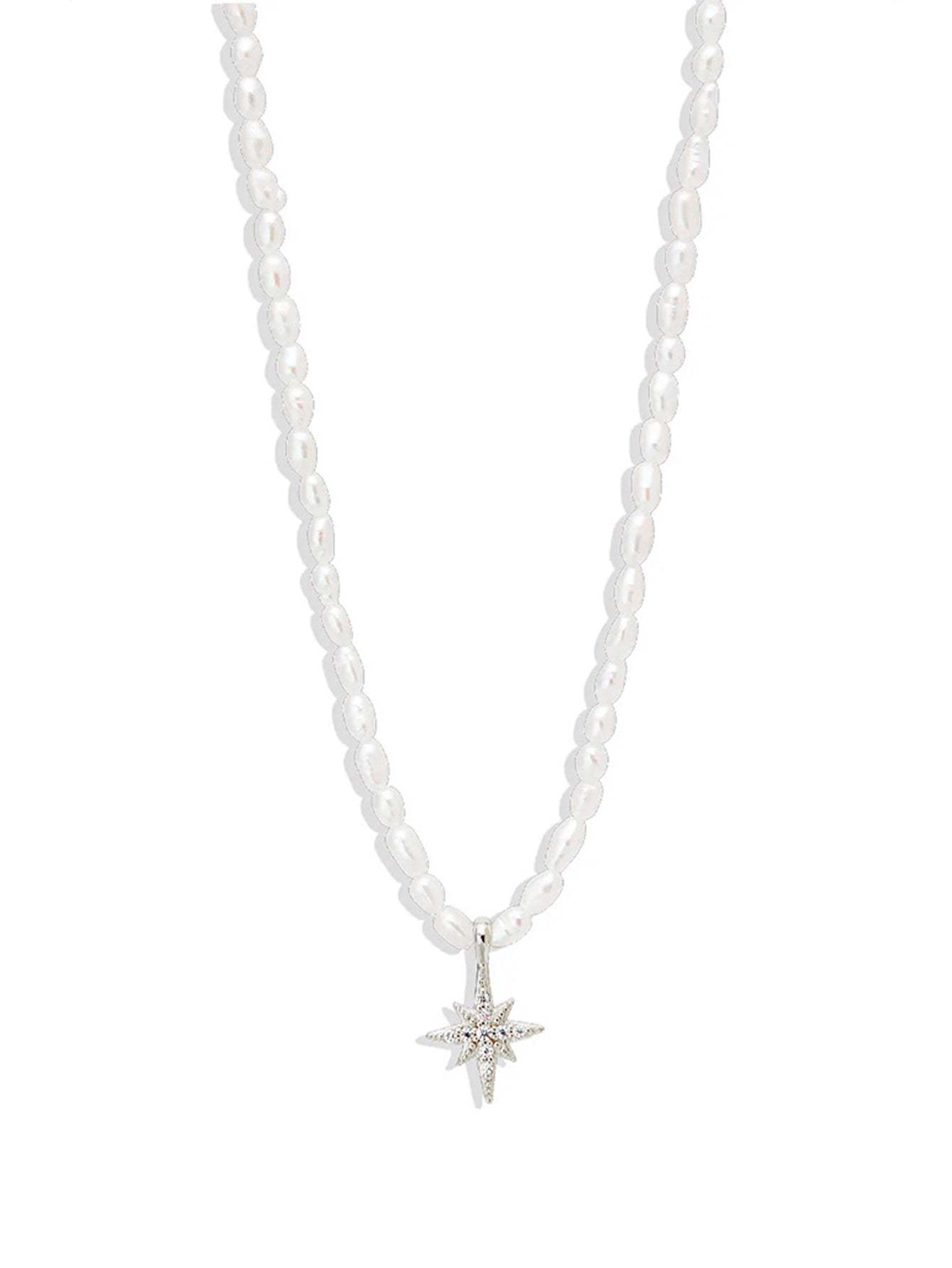 S925 Sterling Silver French Beige Pearl Octagonal Star with Zirconia Necklace-Olarajewelry