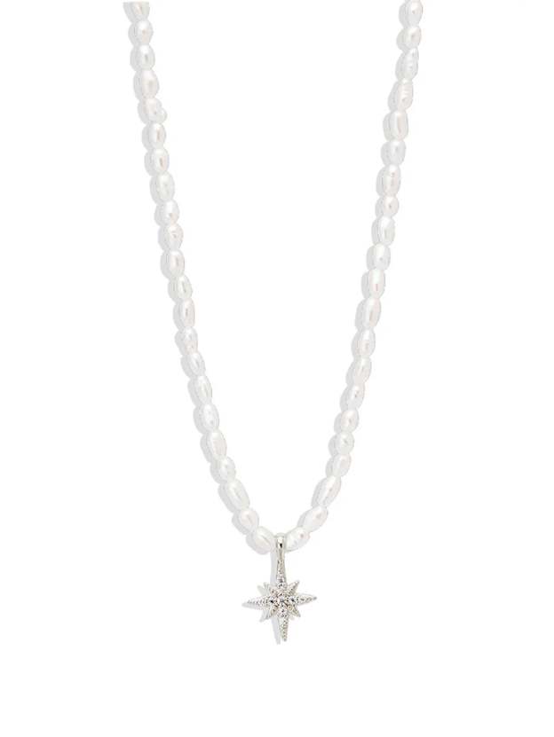 S925 Sterling Silver French Beige Pearl Octagonal Star with Zirconia Necklace-Olarajewelry