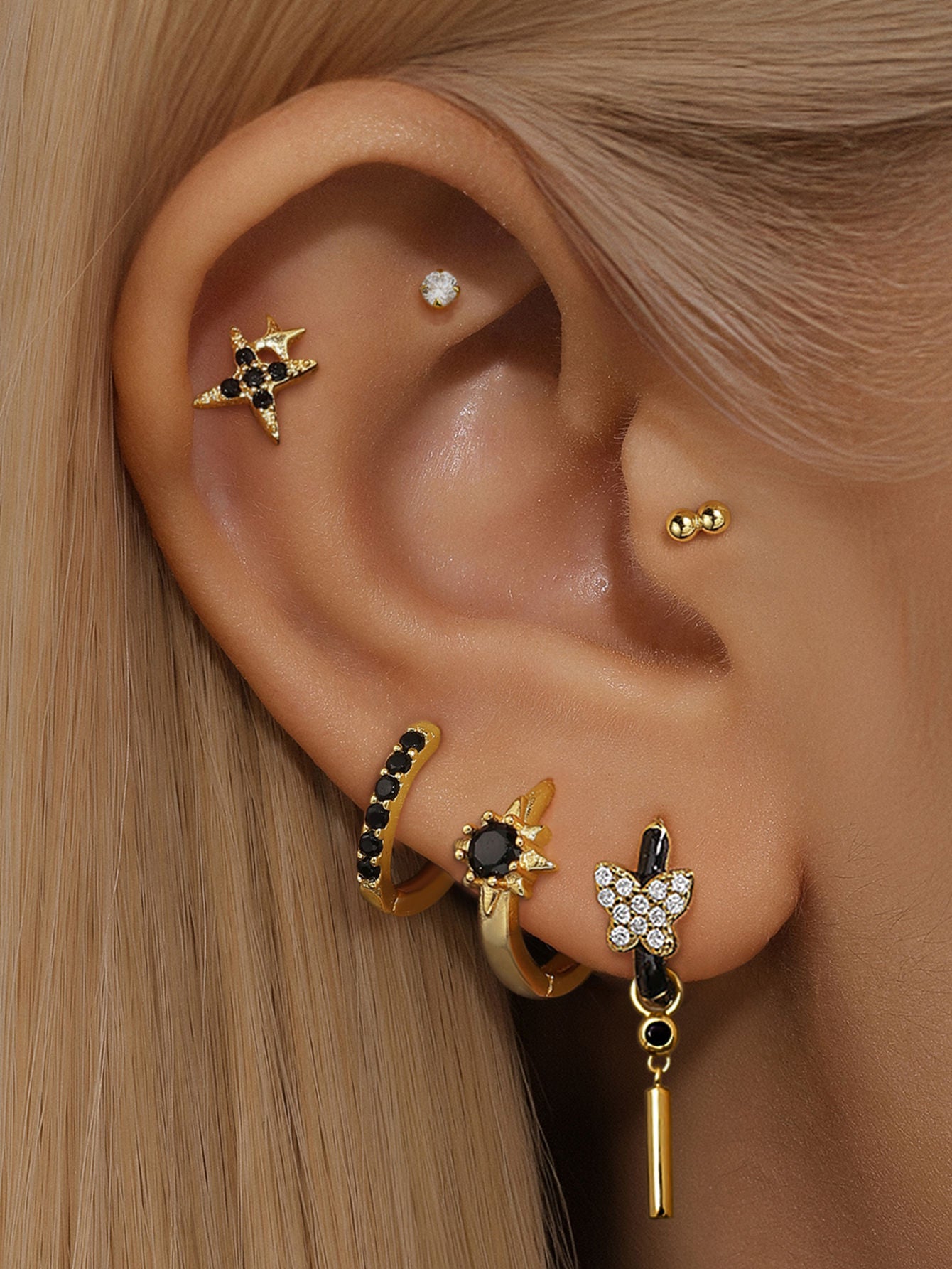 S925 Black Flower ＆ Stars Lobe Earring Set-Olarajewelry
