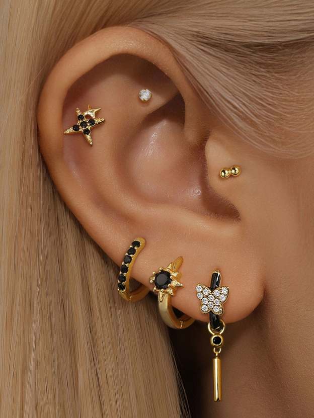 S925 Black Flower ＆ Stars Lobe Earring Set-Olarajewelry