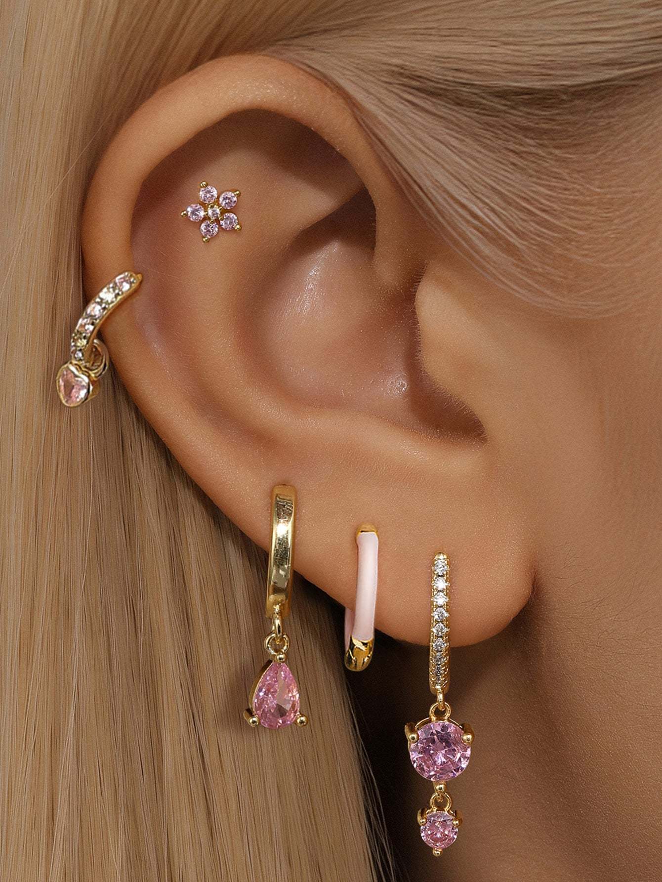 S925 Pink Water Drop Shape Lobe Earring Set-Olarajewelry