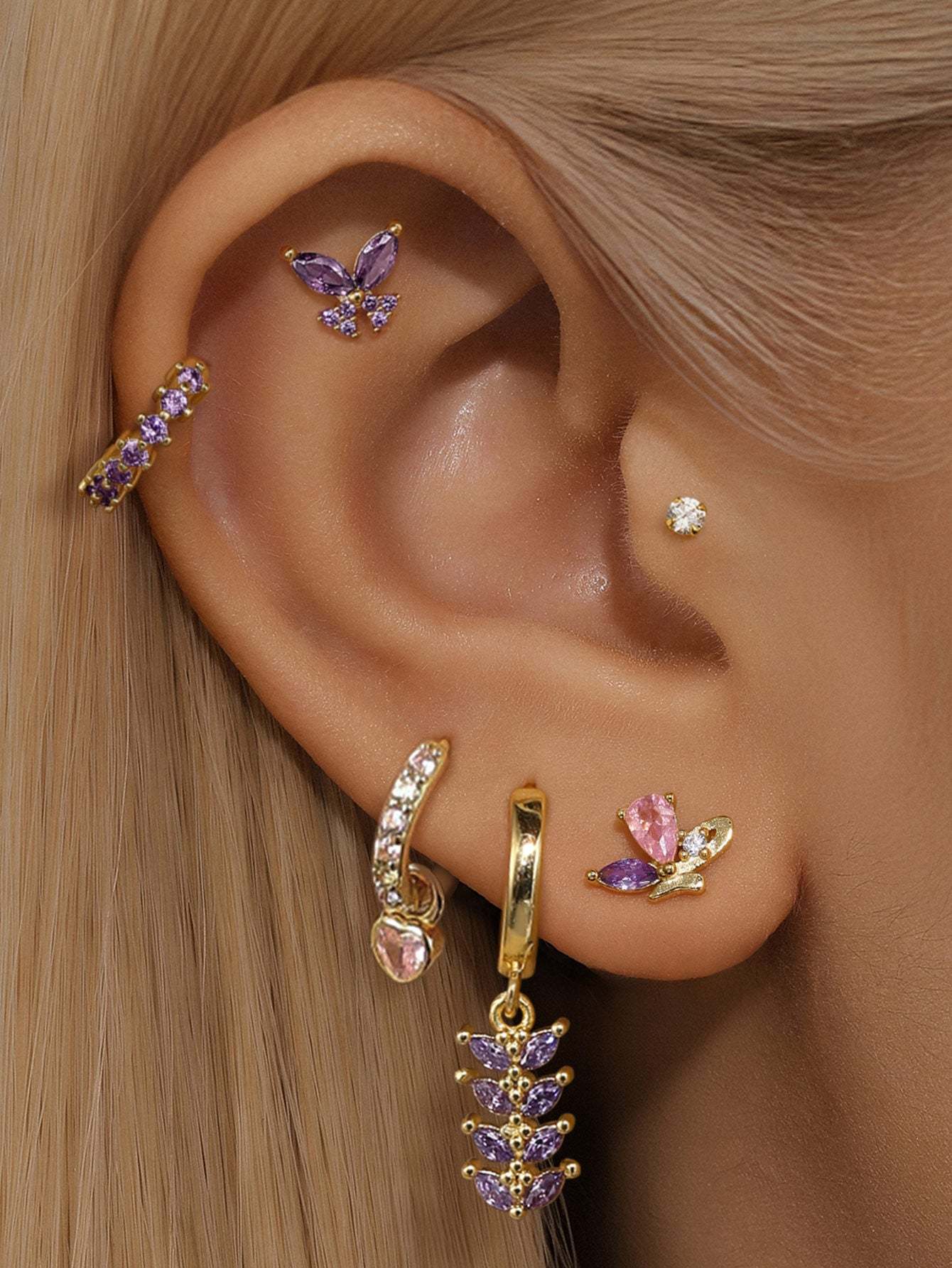 S925 Pink&Purple Butterfly Drop Earring Set-Olarajewelry