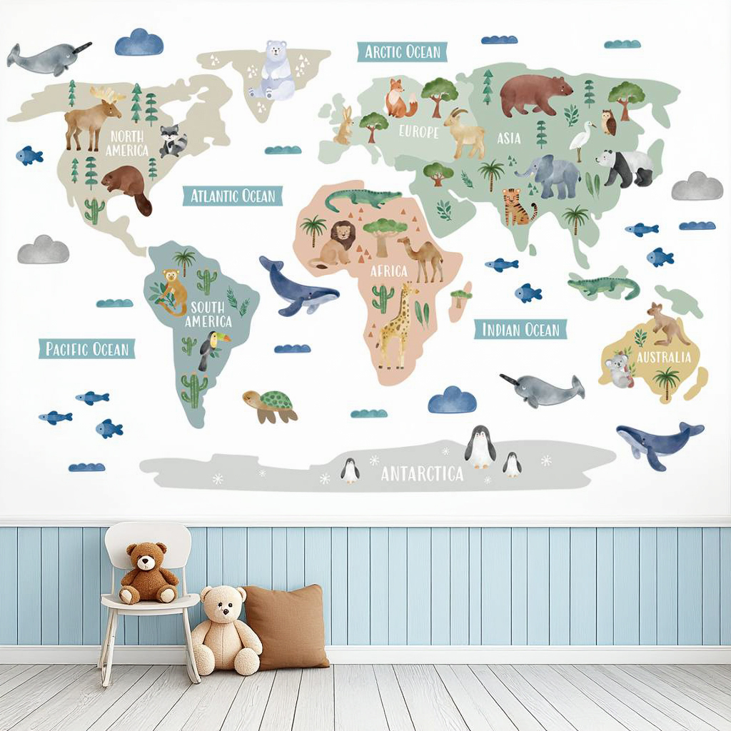 Animal World Map Nursery Wall Sticker