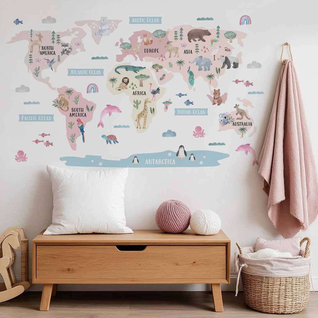 Animal World Map Nursery Wall Sticker - Blush