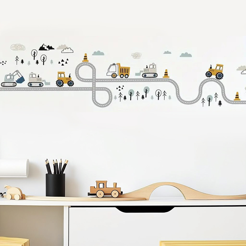 Truck, Tractor and Digger On The Road Nursery Wall Stickers