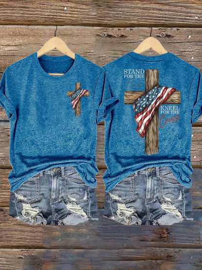 Women's STAND FOR THE FLAG, KNEEL FOR THE CROSS Print Casual T-shirt