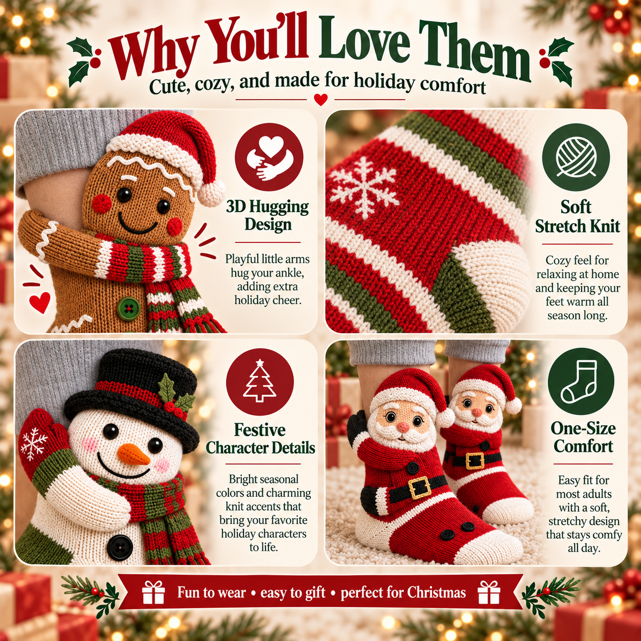 🎄 3D Hugging Christmas Character Socks – Cozy Knit Holiday Gift Socks