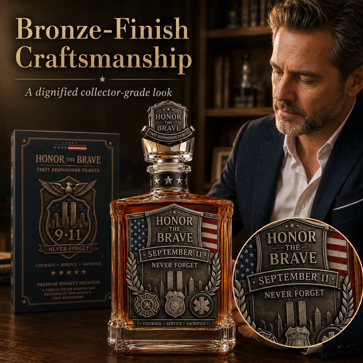 ⏰Limited Stock 50% OFF🥃Honor the Brave Relief Decanter & Emblem – Hero Commemorative Ornament for Home Bar Display