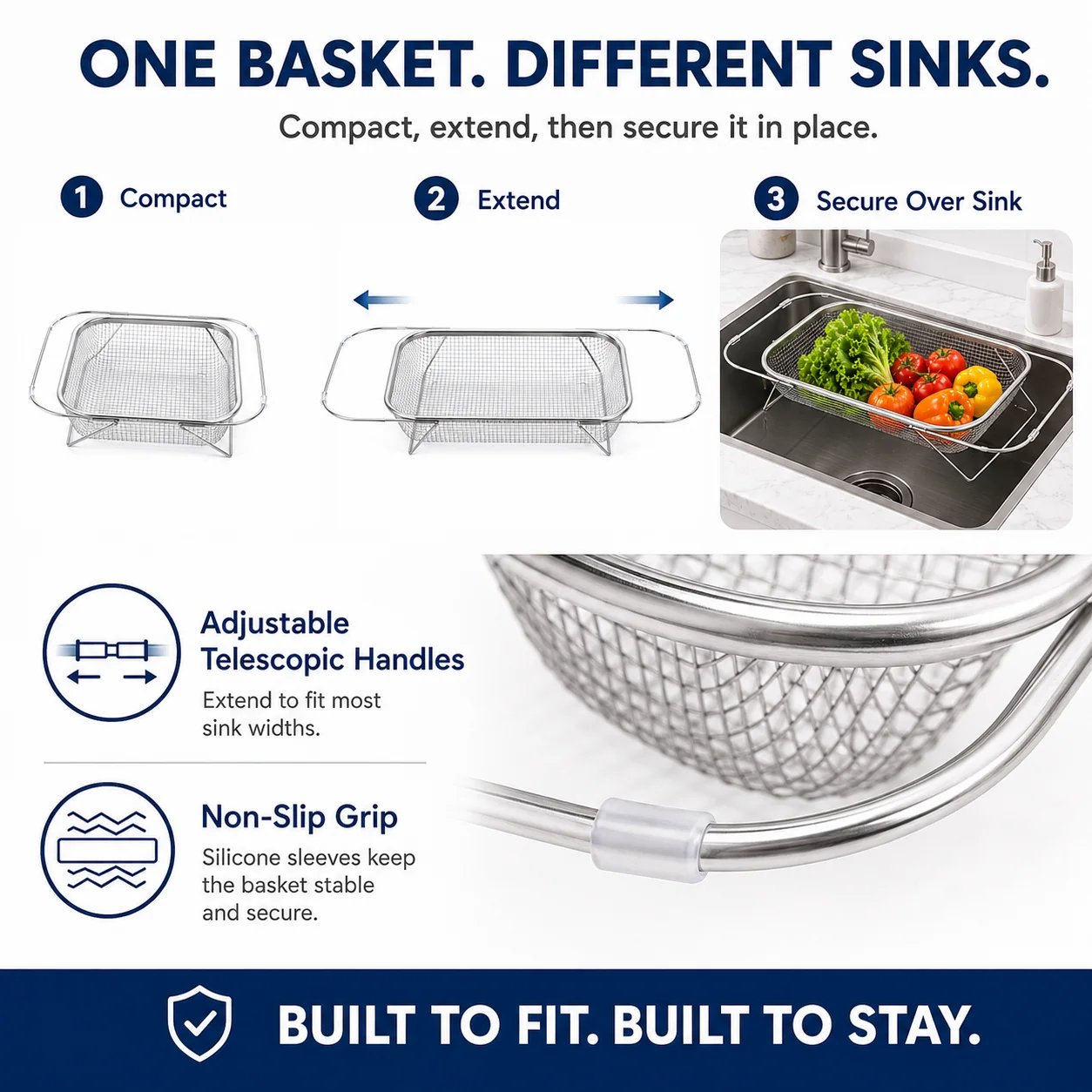 Adjustable telescopic handles and non-slip grip on sink basket