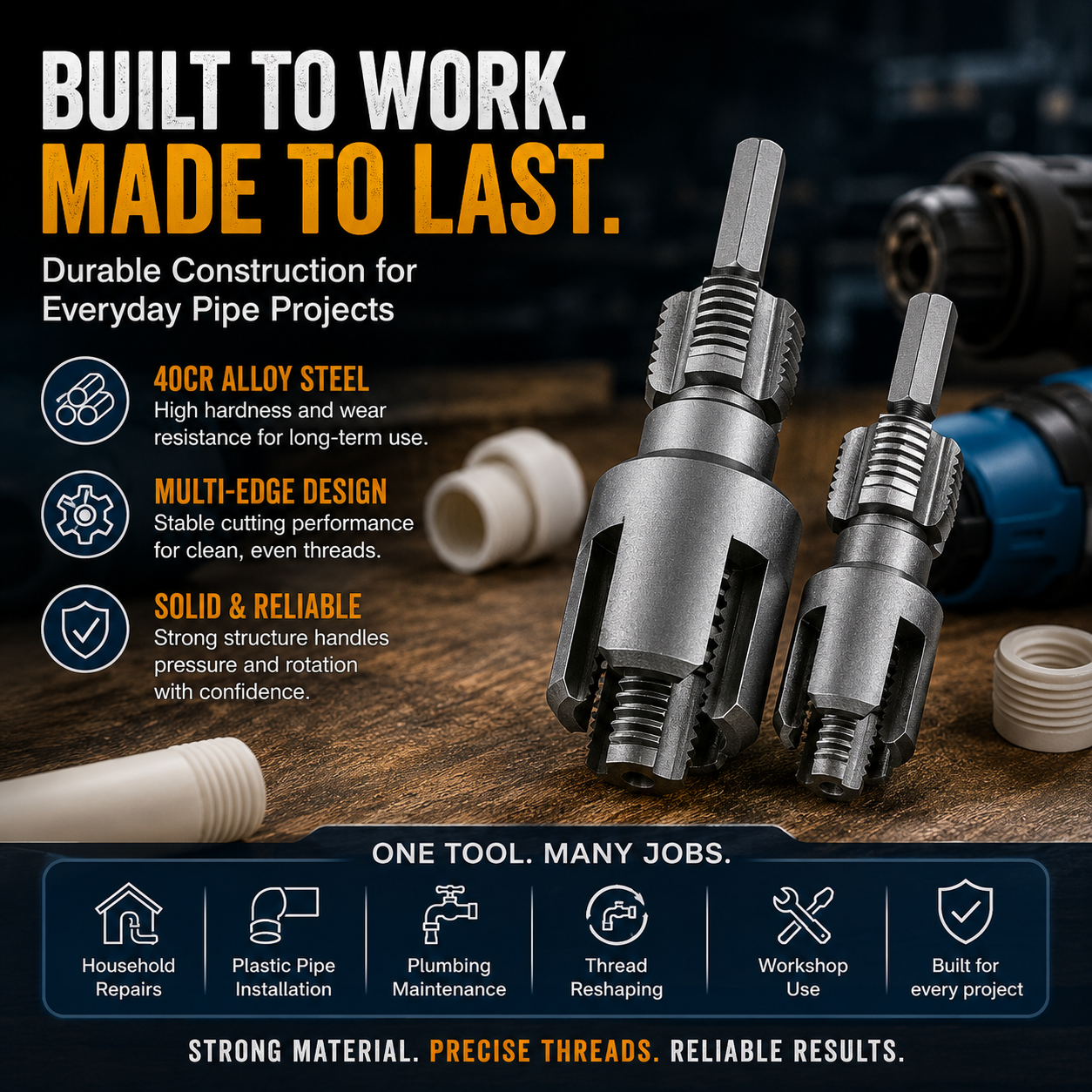 Integrated pipe thread cutting tool bit full profile view