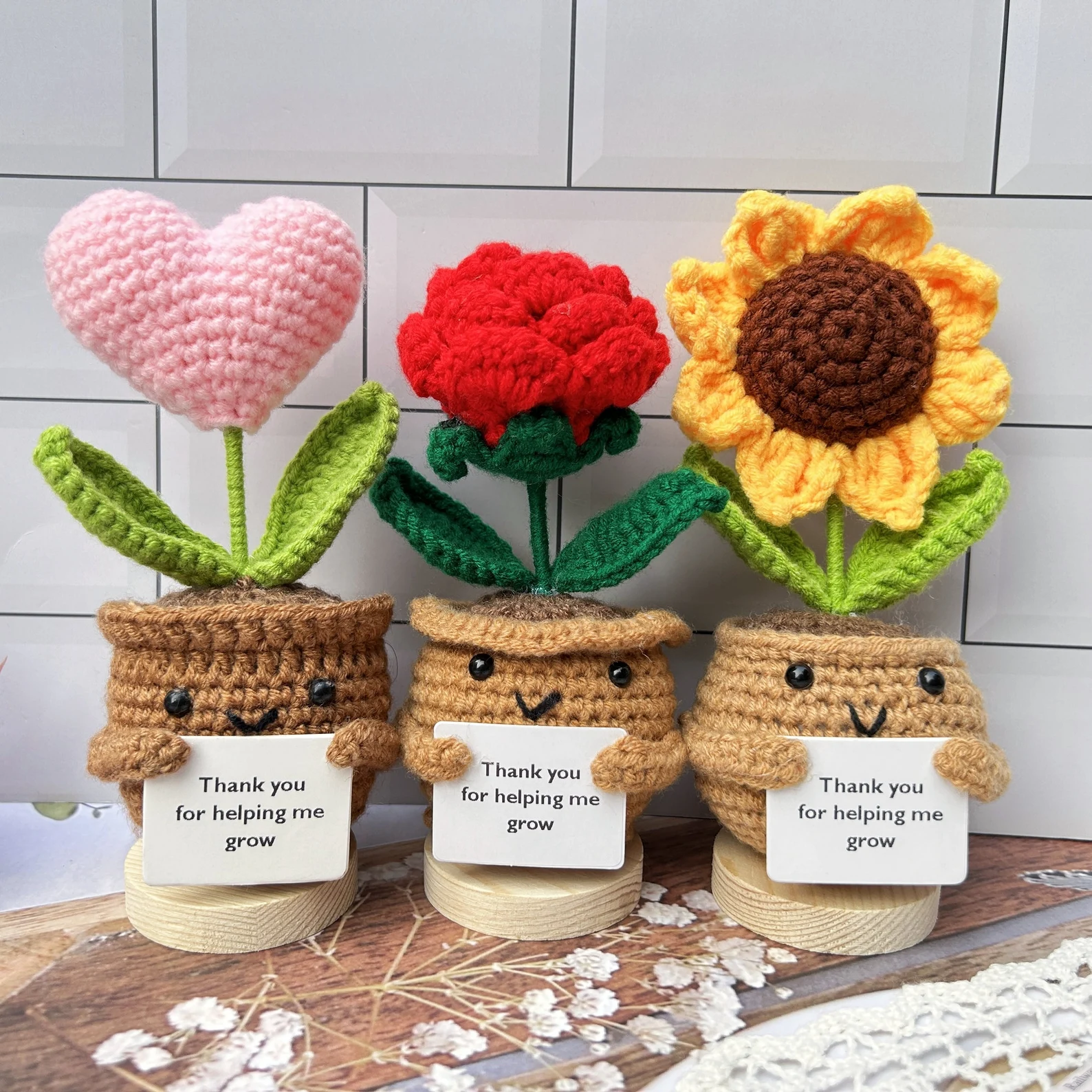 Thank you for helping me grow pot Gift-Handmade Crochet Sunflower/Rose/Daisy/Tulip/Pink Heart-Emotional Support Plants-Thank you gifts