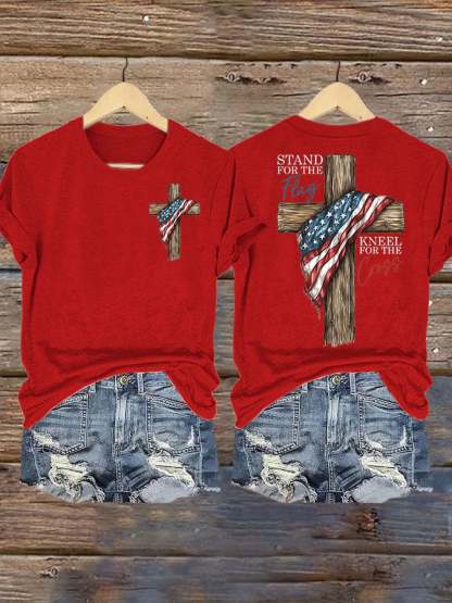 Women's STAND FOR THE FLAG, KNEEL FOR THE CROSS Print Casual T-shirt