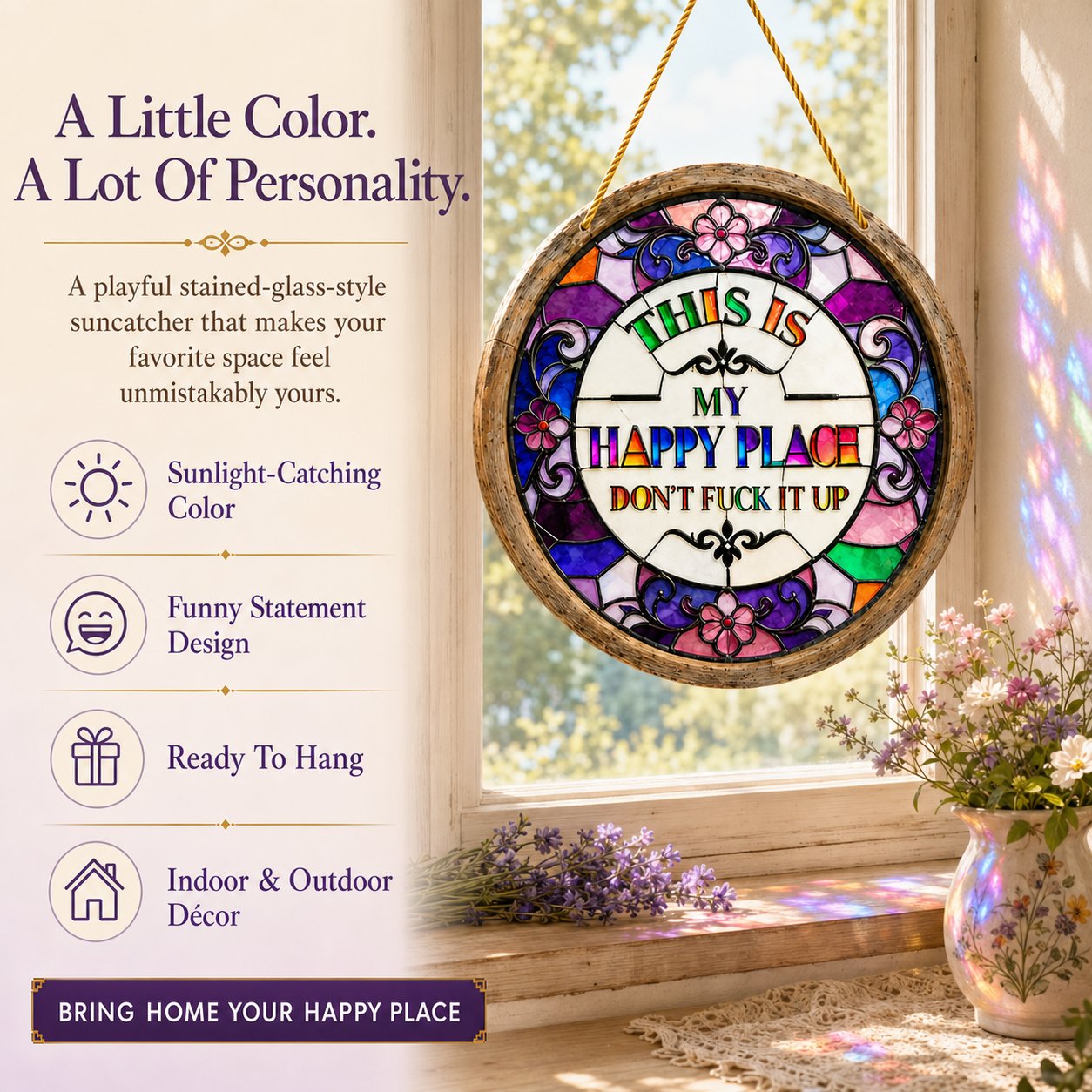 🔥 LAST DAY 50% OFF – 🌈 Stained Glass-Style Happy Place Hanging Suncatcher | Sunlight-Catching Quote Decor for Windows, Porches, Patios & Gifts ✨