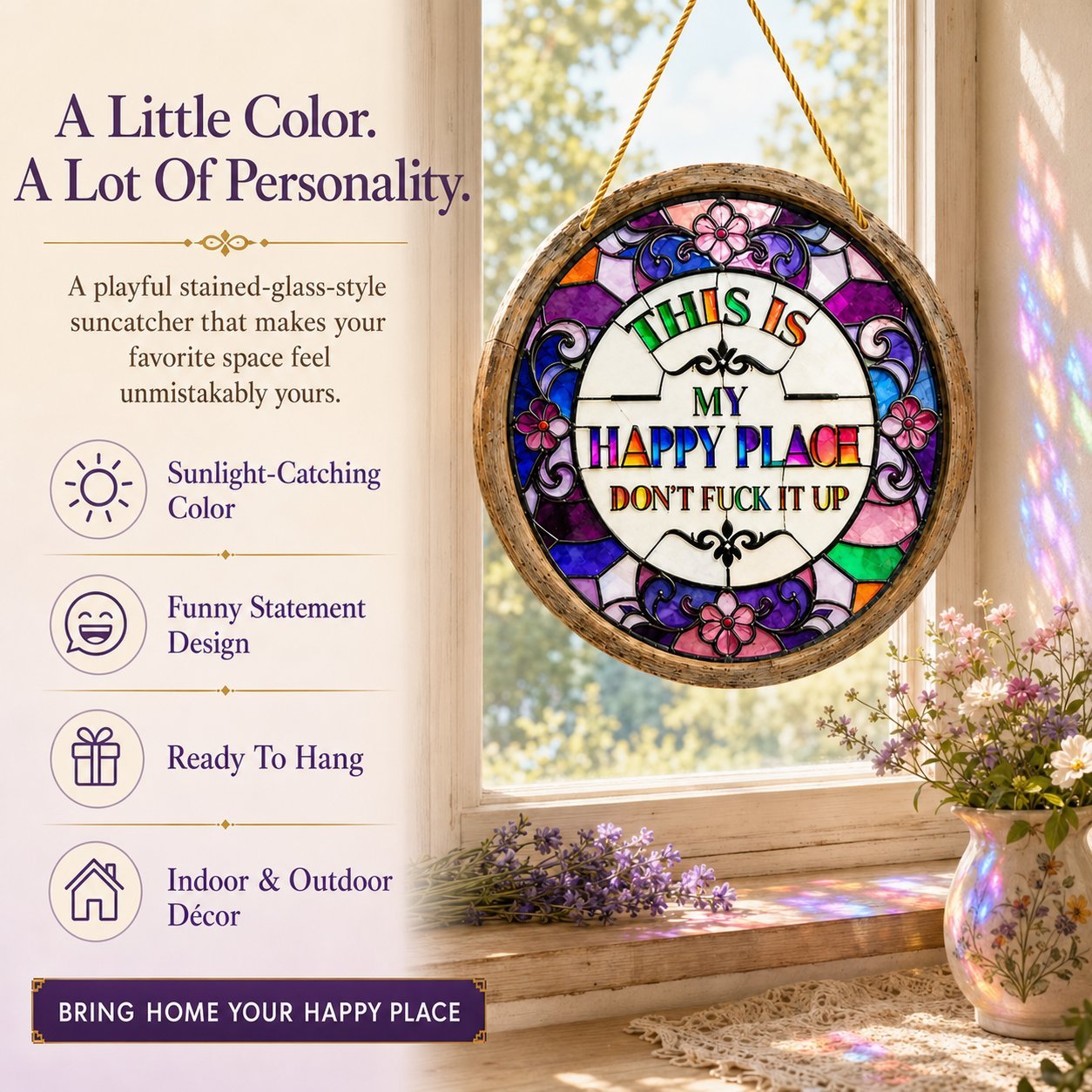🔥 LAST DAY 50% OFF – 🌈 Stained Glass-Style Happy Place Hanging Suncatcher | Sunlight-Catching Quote Decor for Windows, Porches, Patios & Gifts ✨