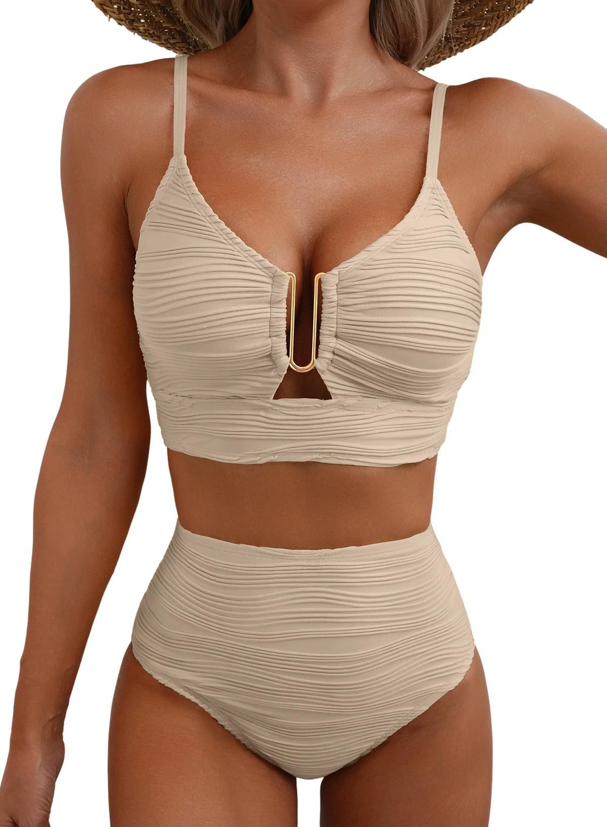 High-Waisted Tummy Control Bikini Set Textured U-Wire Cutout Swimwear