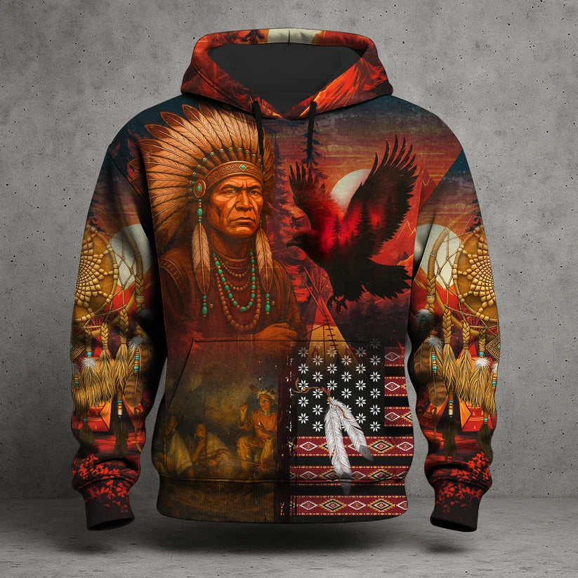 3D Hoodie American Faux Leather Vest Hoodie, Southwestern Tribal Eagle Feather Graphic