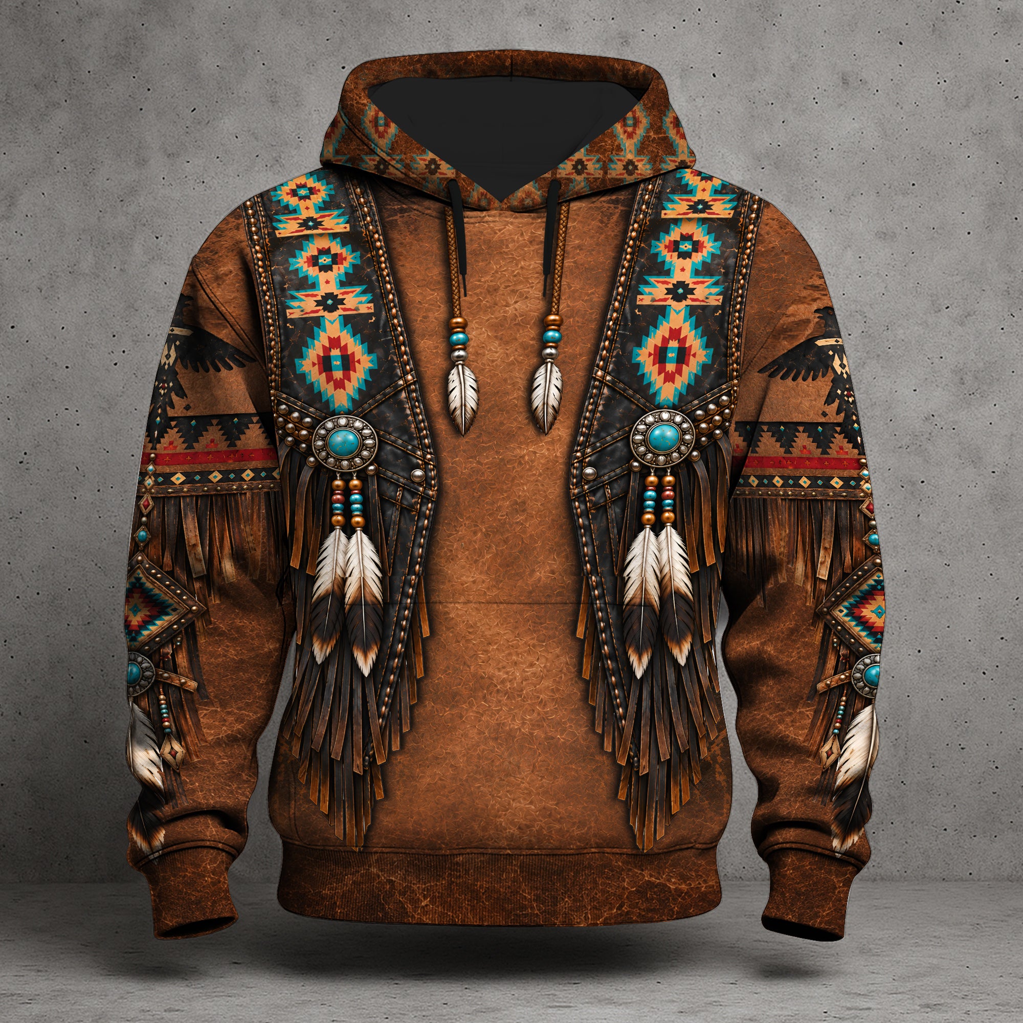 3D Hoodie American Faux Leather Vest Hoodie, Southwestern Tribal Eagle Feather Graphic