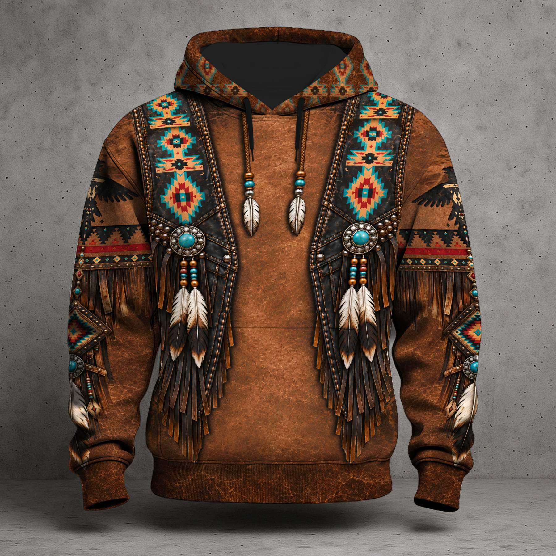 3D Hoodie American Faux Leather Vest Hoodie, Southwestern Tribal Eagle Feather Graphic