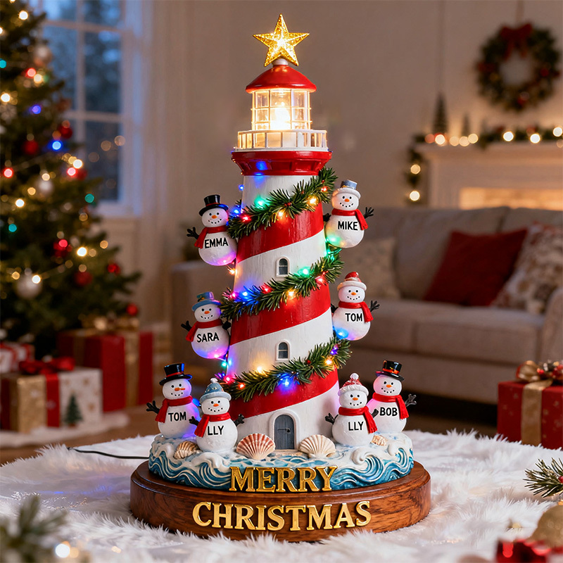🏆 500K+ SOLD! ✨2025 USA⛄Personalized Lighthouse Snowman Family Ornament