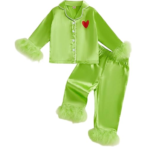 Toddler Kids Girl Christmas Pajamas Baby Green Satin Silk Button Down Shirts Jammies Xmas Matching Pjs Outfits