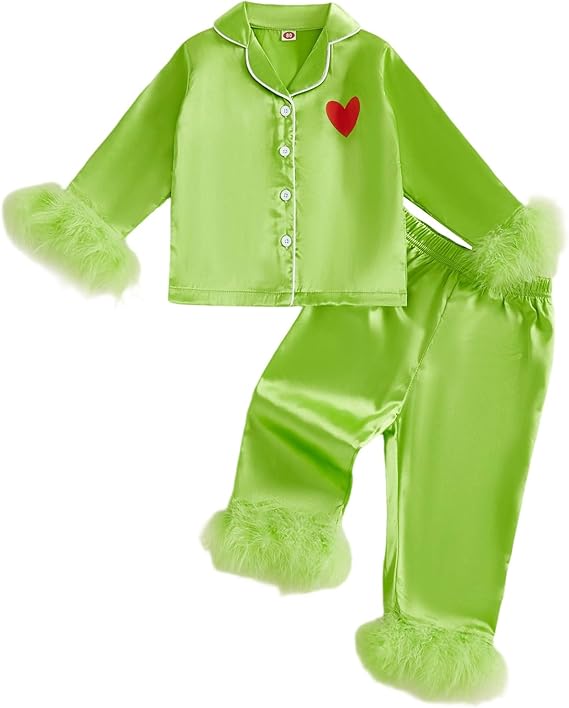 Toddler Kids Girl Christmas Pajamas Baby Green Satin Silk Button Down Shirts Jammies Xmas Matching Pjs Outfits