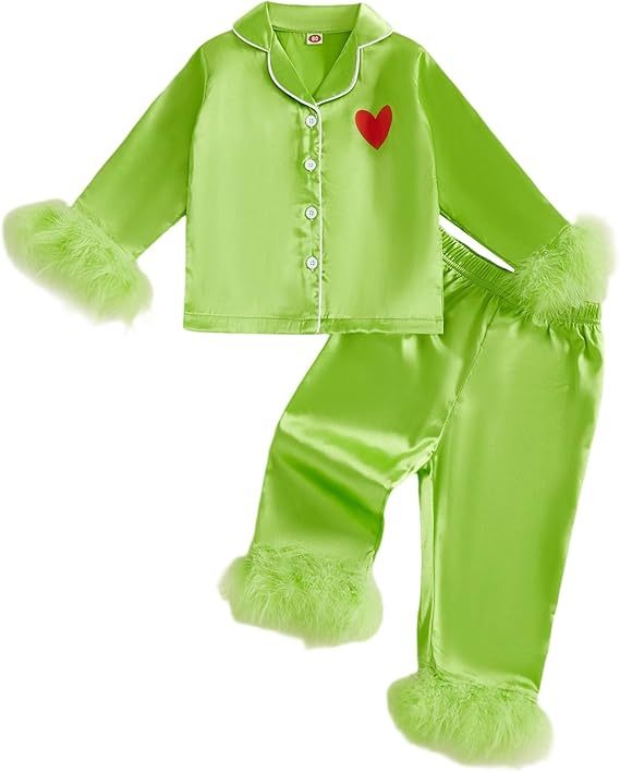 Toddler Kids Girl Christmas Pajamas Baby Green Satin Silk Button Down Shirts Jammies Xmas Matching Pjs Outfits
