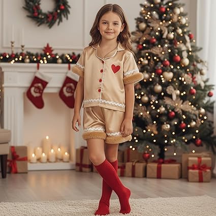Toddler Kids Girl Christmas Pajamas Baby Green Satin Silk Button Down Shirts Jammies Xmas Matching Pjs Outfits