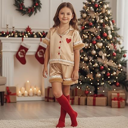 Toddler Kids Girl Christmas Pajamas Baby Green Satin Silk Button Down Shirts Jammies Xmas Matching Pjs Outfits