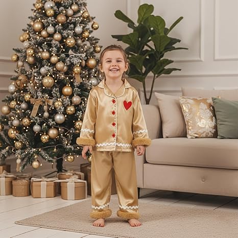 Toddler Kids Girl Christmas Pajamas Baby Green Satin Silk Button Down Shirts Jammies Xmas Matching Pjs Outfits