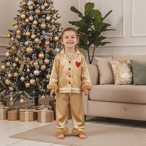 Toddler Kids Girl Christmas Pajamas Baby Green Satin Silk Button Down Shirts Jammies Xmas Matching Pjs Outfits