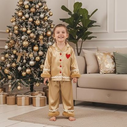 Toddler Kids Girl Christmas Pajamas Baby Green Satin Silk Button Down Shirts Jammies Xmas Matching Pjs Outfits
