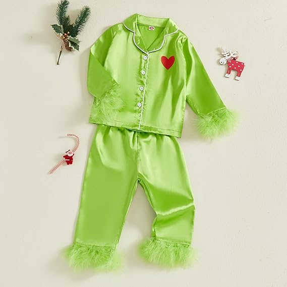 Toddler Kids Girl Christmas Pajamas Baby Green Satin Silk Button Down Shirts Jammies Xmas Matching Pjs Outfits
