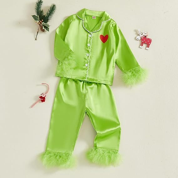 Toddler Kids Girl Christmas Pajamas Baby Green Satin Silk Button Down Shirts Jammies Xmas Matching Pjs Outfits