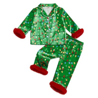 Toddler Kids Girl Christmas Pajamas Baby Green Satin Silk Button Down Shirts Jammies Xmas Matching Pjs Outfits