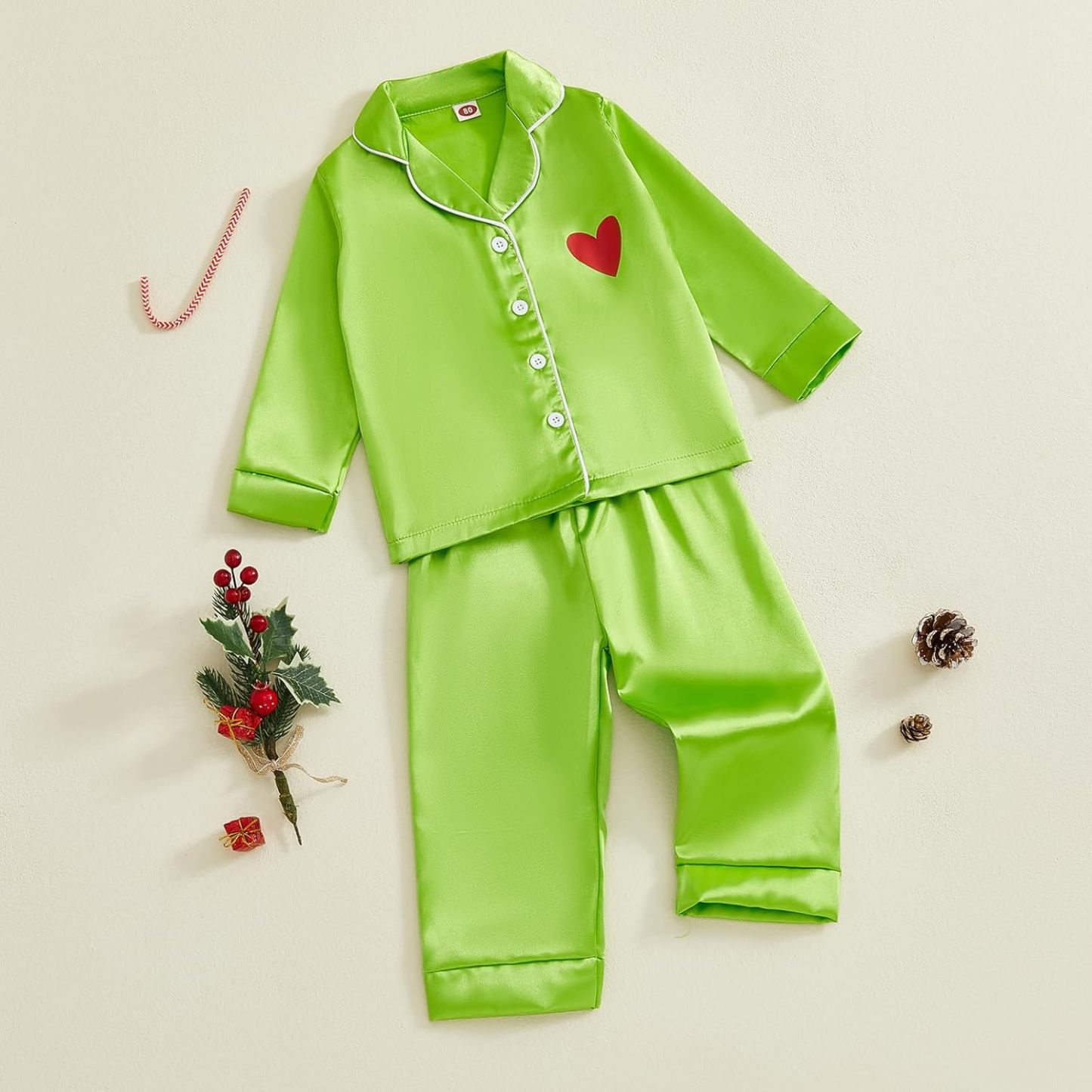 Toddler Kids Girl Christmas Pajamas Baby Green Satin Silk Button Down Shirts Jammies Xmas Matching Pjs Outfits