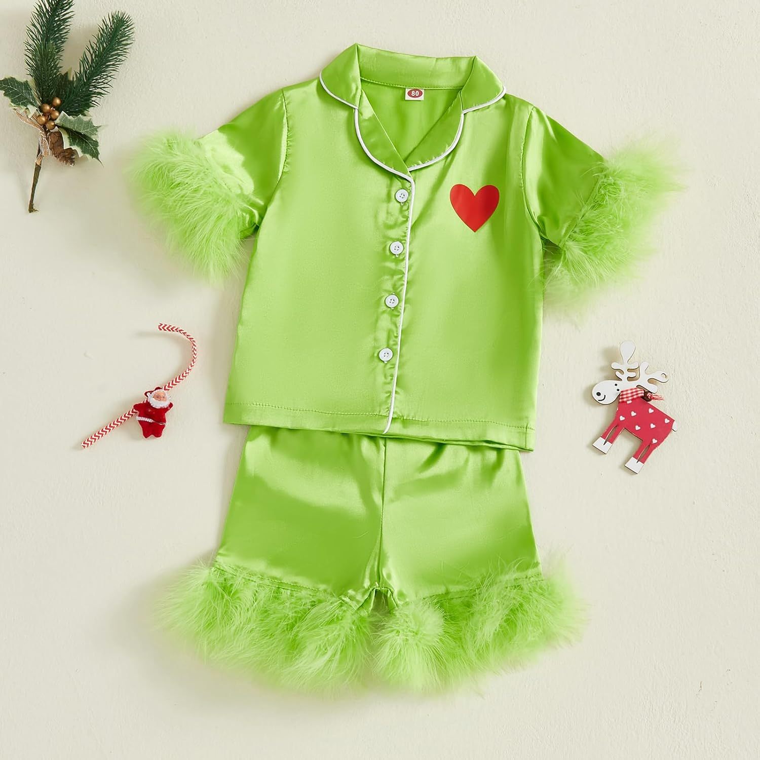 Toddler Kids Girl Christmas Pajamas Baby Green Satin Silk Button Down Shirts Jammies Xmas Matching Pjs Outfits