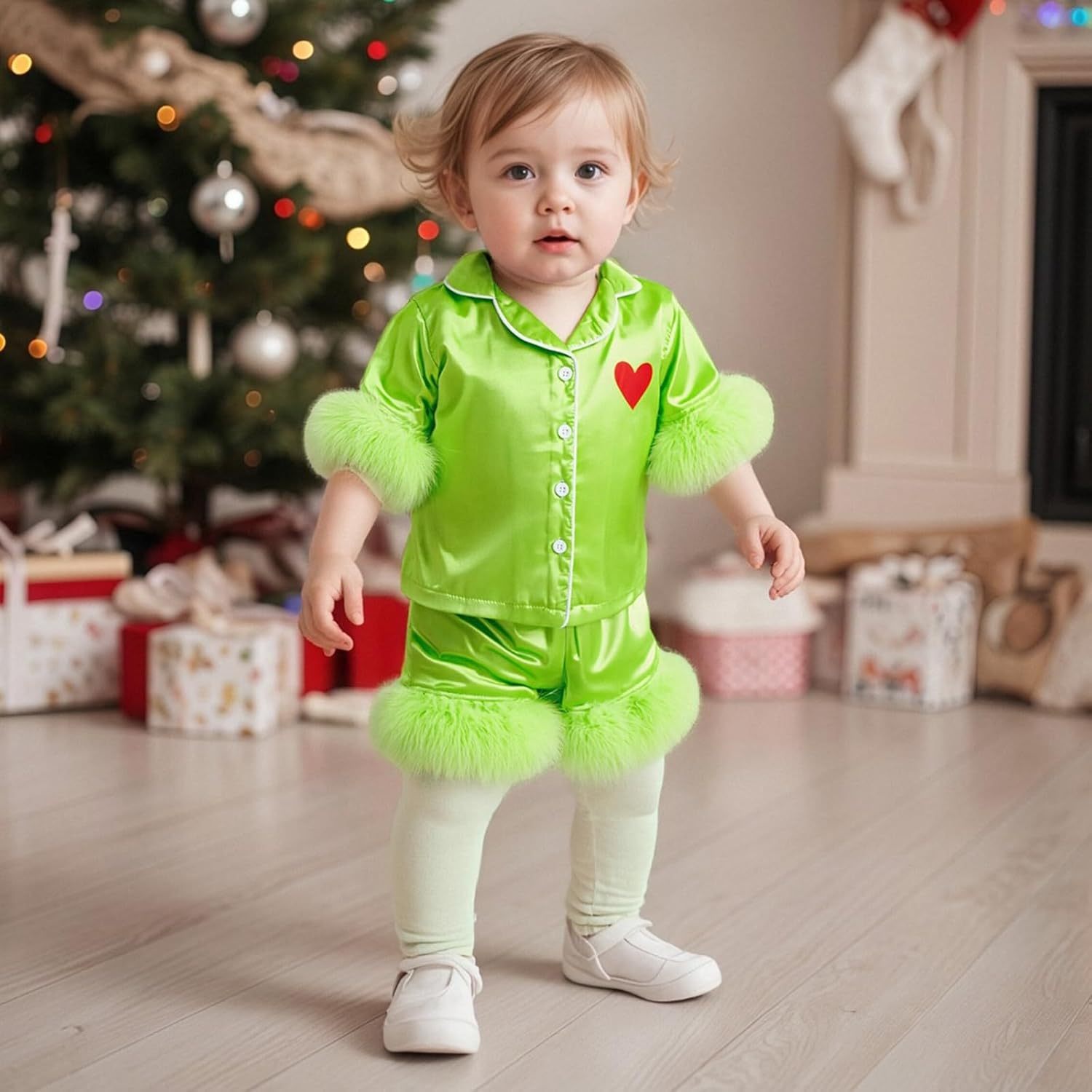 Toddler Kids Girl Christmas Pajamas Baby Green Satin Silk Button Down Shirts Jammies Xmas Matching Pjs Outfits