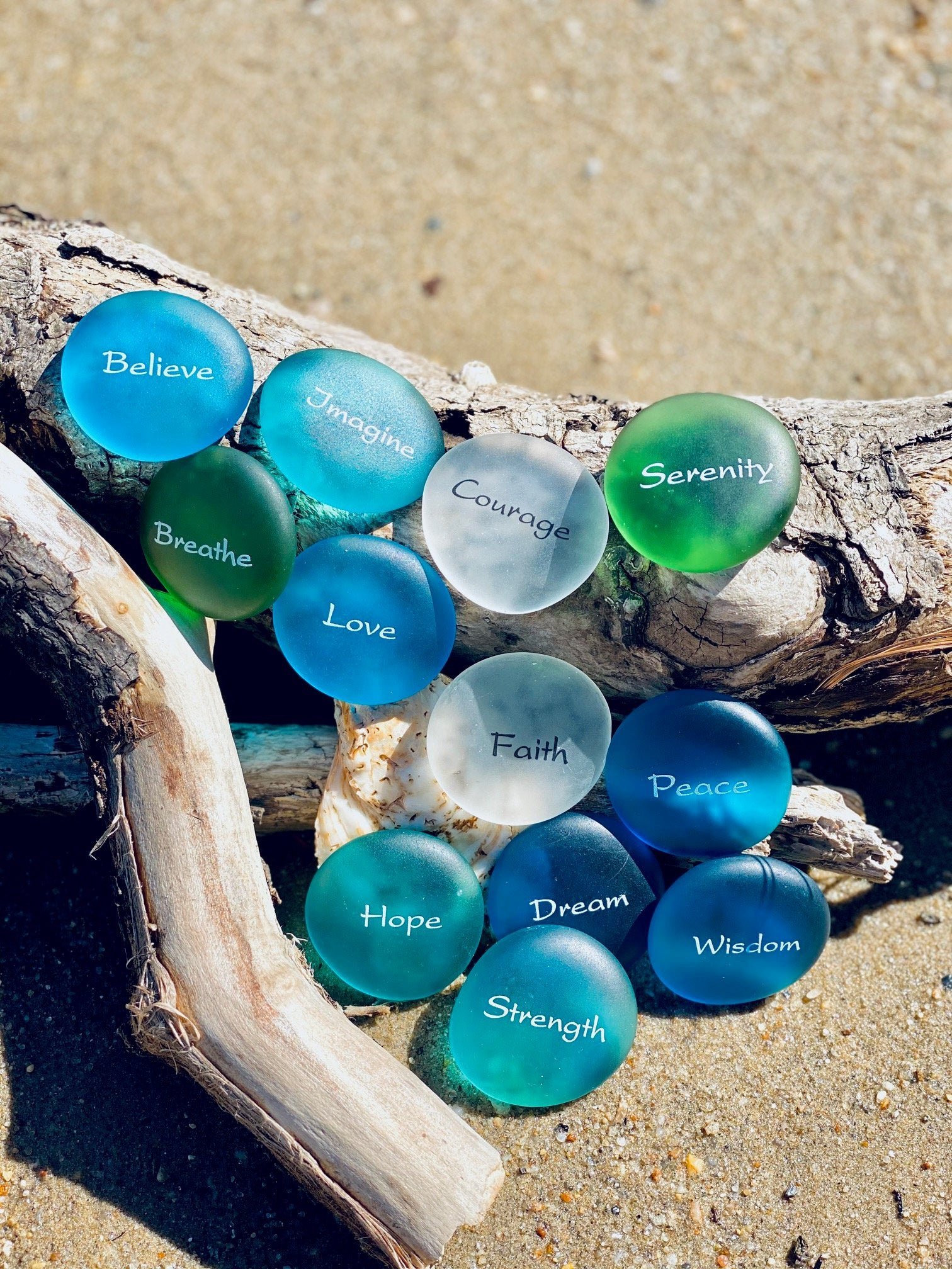 🌊100% Hand-carved💖 Inspirational Sea Glass Stones in a Jar – Words of Calm & Courage