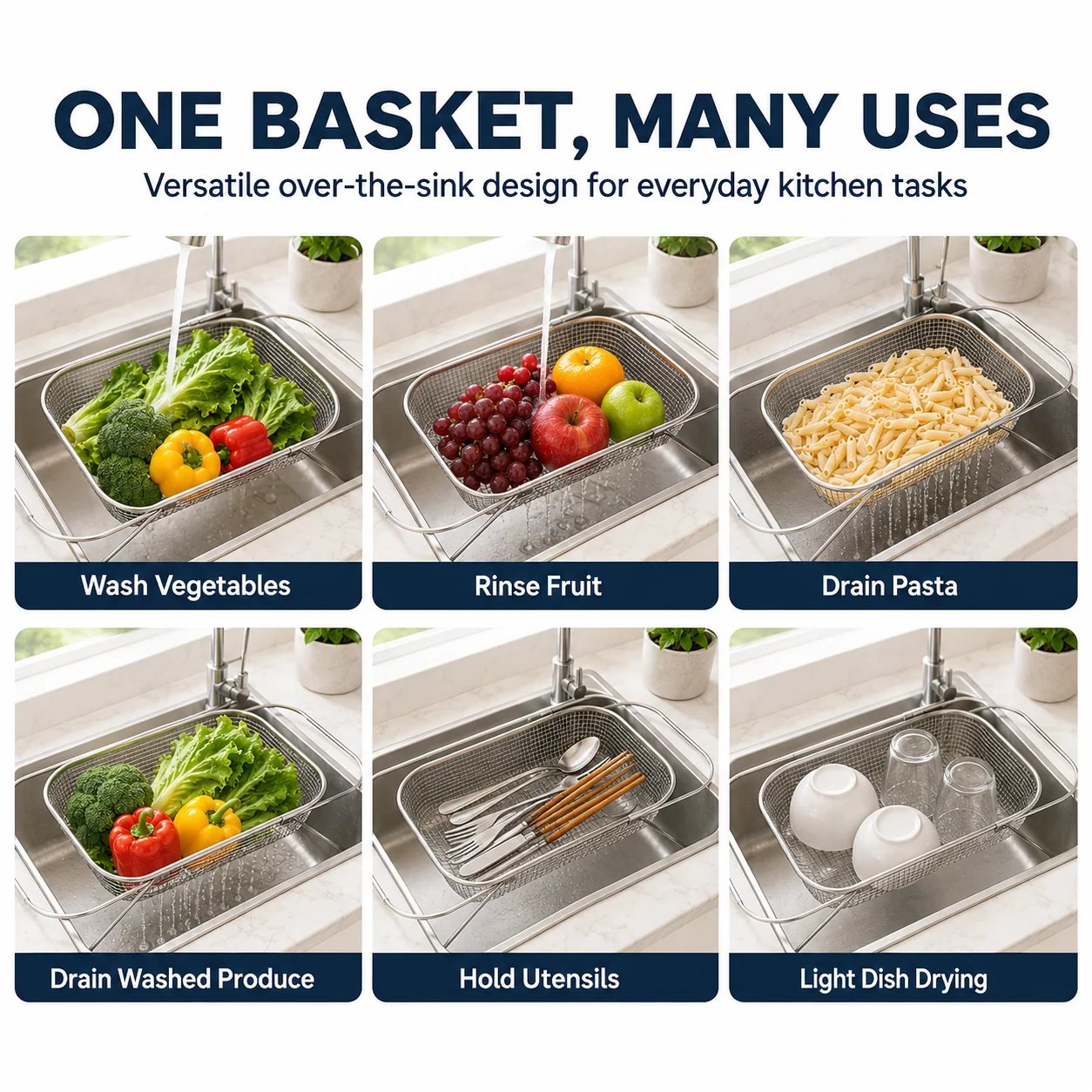 🍽️Summer Limited-Time 50% OFF 🧺 Stainless Steel Adjustable Over-the-Sink Drainer Basket