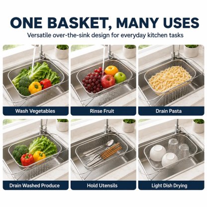 🍽️Summer Limited-Time 50% OFF 🧺 Stainless Steel Adjustable Over-the-Sink Drainer Basket
