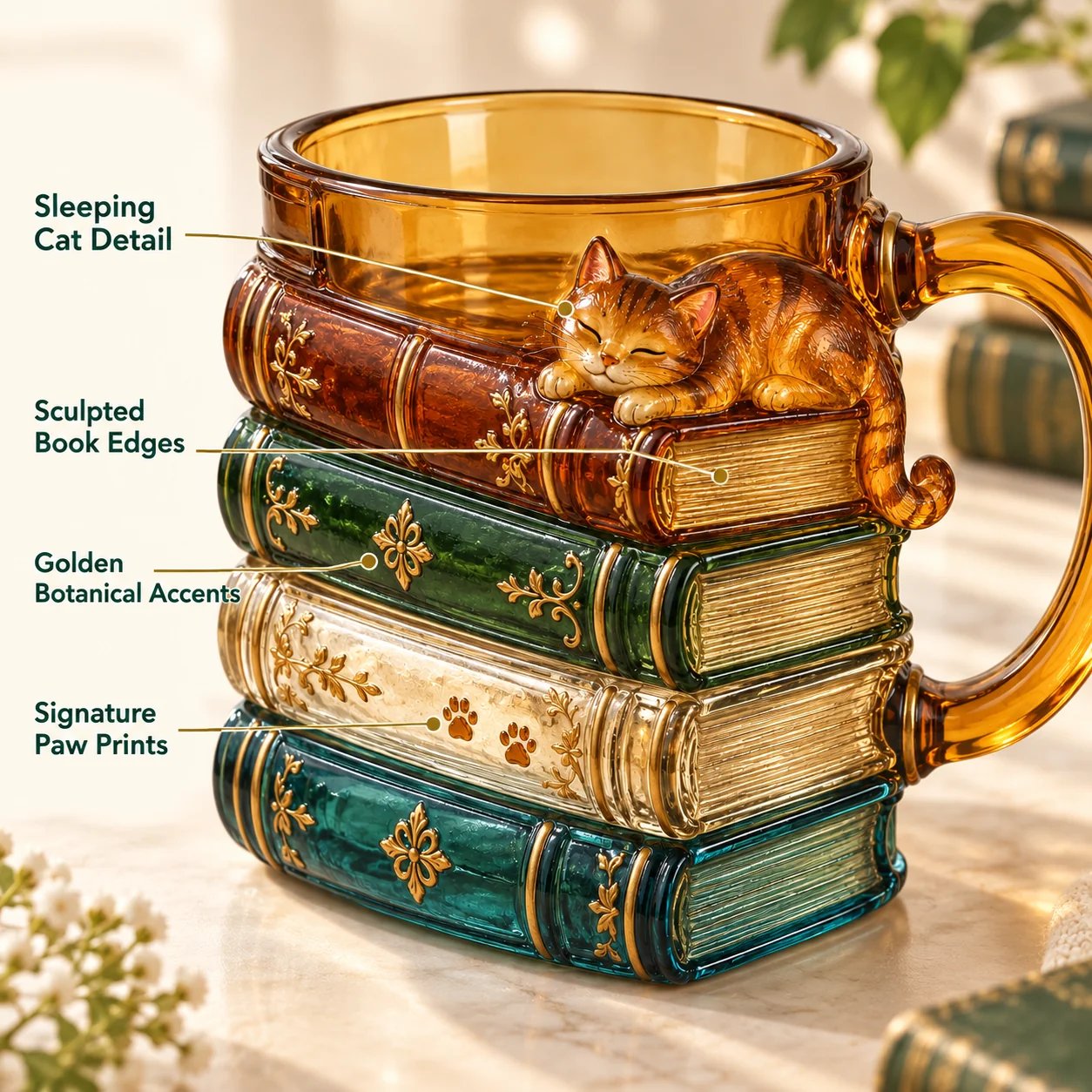 Close-up of sleeping cat, book edges, botanical accents and paw prints
