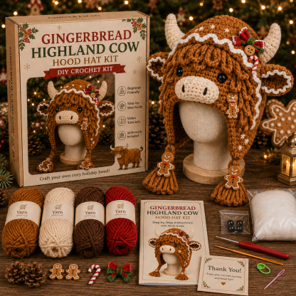 🔥Last Day 50% OFF 🔥 Christmas Highland Cow Hood Hat DIY Crochet Kit