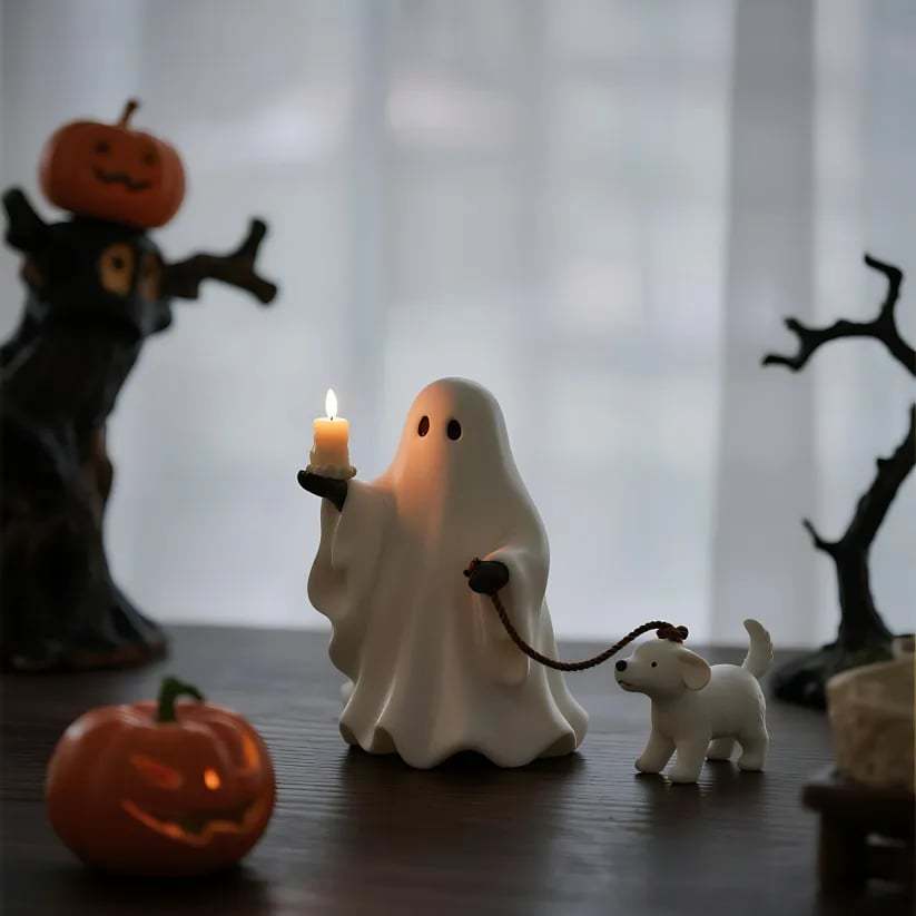 Ghost & Pup Candle Holder | Whimsical Halloween Figurine