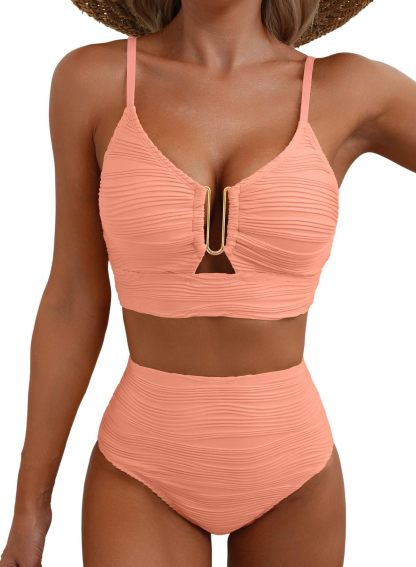 High-Waisted Tummy Control Bikini Set Textured U-Wire Cutout Swimwear