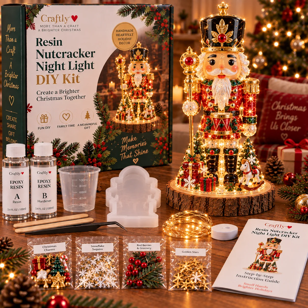 🎄 Beginner-Friendly Resin Christmas Tree Night Light DIY Kit — 💕 Step-by-Step Guide Included | Complete Kit with Mold, Resin, Fairy Lights & Festive Decorations ✨