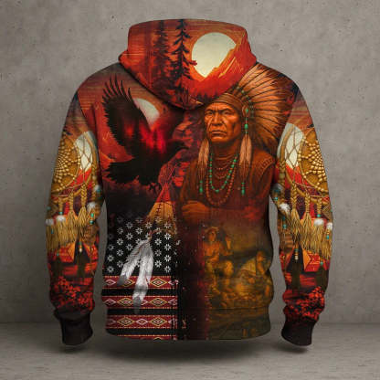 3D Hoodie American Faux Leather Vest Hoodie, Southwestern Tribal Eagle Feather Graphic