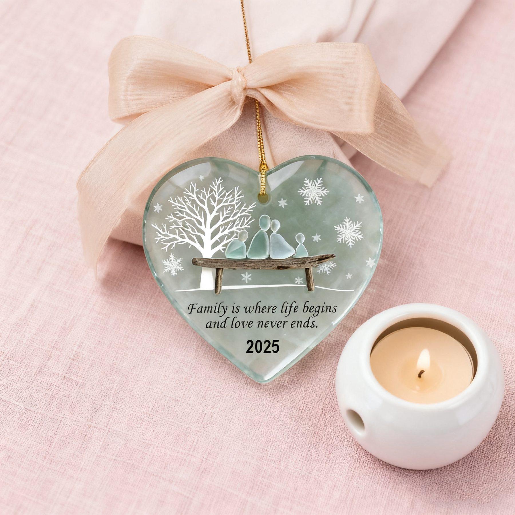 Handmade Heart-shaped Sea Glass Family Ornament