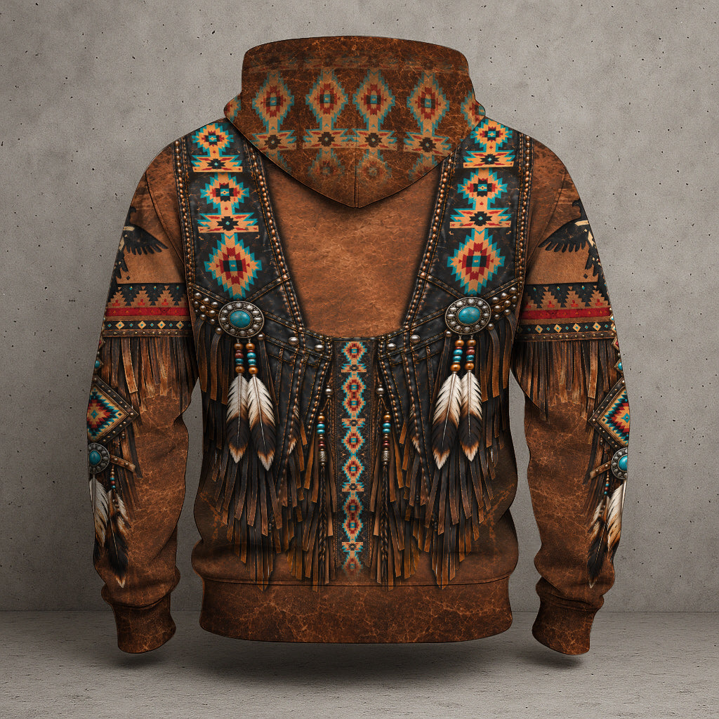 3D Hoodie American Faux Leather Vest Hoodie, Southwestern Tribal Eagle Feather Graphic